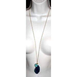 Express Long Statement Gold Tone Genuine Stone Blue Pendant Necklace Y2K Deadsto